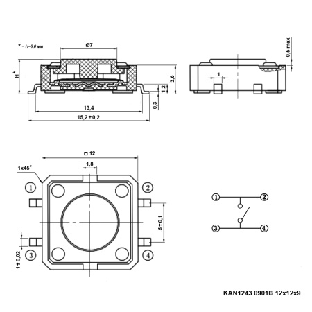 Тактовая кнопка RUICHI KAN1243 0901B, 12x12x9 мм, 50 мА, 12 В, 100 мОм, ход толкателя 0,35±0,1 мм, -20 …+70 °C, тип монтажа SMD