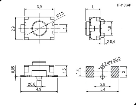 Тактовая кнопка RUICHI IT-1185AP, 5x3x2 мм, OFF-(ON), SPST, 50 мА, 12 В, 100 мОм