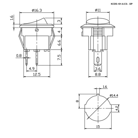 Клавишный переключатель RUICHI KCD5-101-6-C3-W/2P, ON-OFF, 2 контакта, белый