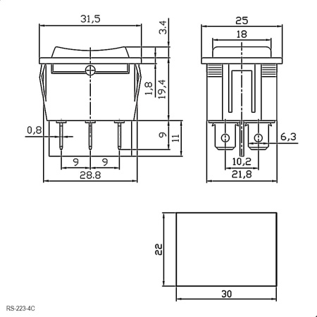 Клавишный переключатель RUICHI RS-223-4C, (ON)-OFF-(ON)