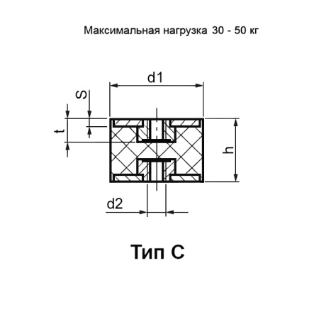 Виброизолирующая опора RUICHI 50.30М10-С, тип С, диаметр резьбы М10, материал каучук NK/сталь ST37 оцинкованная