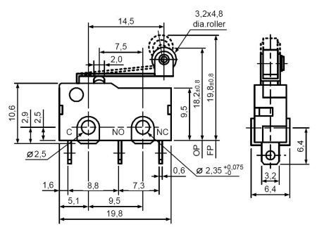 Микропереключатель с роликовым рычагом RUICHI SM5-05N-115-G45, ON-(ON) SPDT 3P, 3 А, 250 В