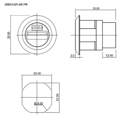 Панельный модуль (переходник) передачи данных USB RUICHI USB 2.0 A(F)-A(F) PN, прямой порт USB, 5В, 0.5 А, крепление гайка с резьбой, корпус из цинка, цвет черный