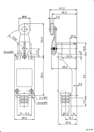 Выключатель путевой с поворотным рычажным роликом RUICHI KZ-8104, NO-NC (4P), IP64, 5 А, 250 В, 15 мОм, корпус из сплава алюминия, головка алюминиевая