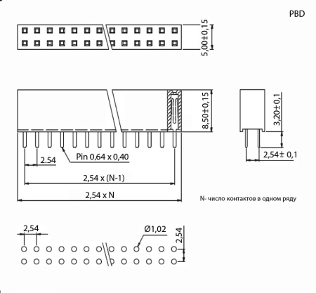 Гнездо для плат 2.54 мм RUICHI PBD 32, 32 контакта