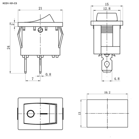 Клавишный переключатель RUICHI KCD1-101-C3-GR/2P, ON-OFF, 2 контакта, корпус/переключатель серый