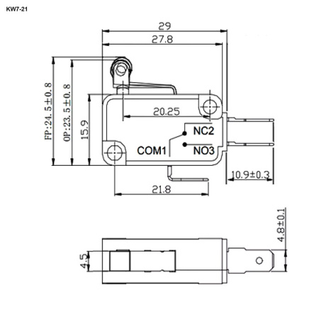 Микропереключатель с роликовым рычагом RUICHI KW7-21, 15.9х10.3х29 мм, ON-(ON), SPDT 3P, 250 В, 15 А, 30 мОм, -25...+85 °C