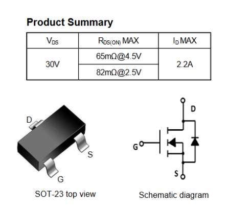 FDN337N SLKOR полевой транзистор (MOSFET), N-канал, 30 В, 2.2 А, 65 мОм, SOT-23