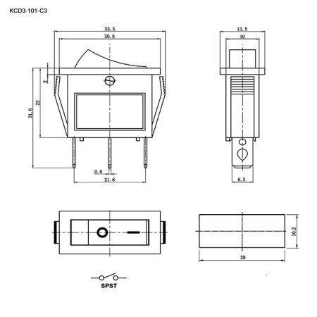 Клавишный переключатель RUICHI KCD3-101N-C3-Y/3P ,ON-OFF, 3 контакта, желтый