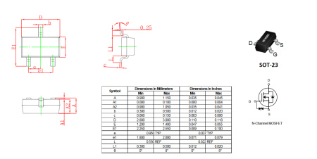BSS123 HXY полевой транзистор (MOSFET), N-канал, 100 В, 0.17 А, 6 Ом, SOT-23