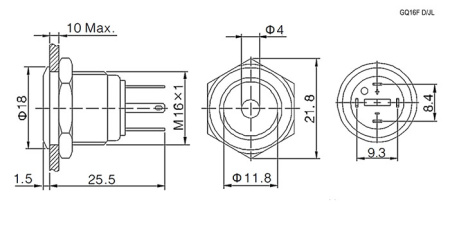 Кнопка антивандальная RUICHI GQ16F-10D/JL/G/N, OFF-(ON), рабочая температура -25…+55 °C, никелированная латунь
