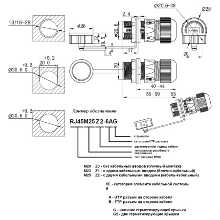 Разъём герметичный Ruichi RJ45M20Z1-6AG