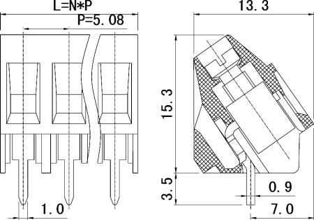 Винтовой клеммный блок RUICHI DG103-5.08-2 на 2 клеммы M2.5, шаг 5.08 мм, угловой 45°, 6 А, 26-18 AWG