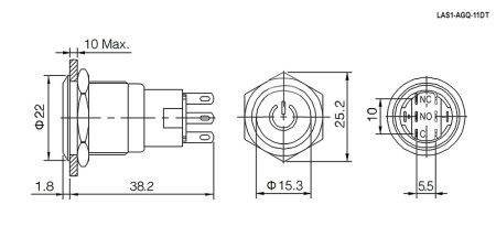 Кнопка антивандальная RUICHI LAS1-AGQ-11DT/B/N, ON-(ON), рабочая температура -25…+55 °C, никелированная латунь