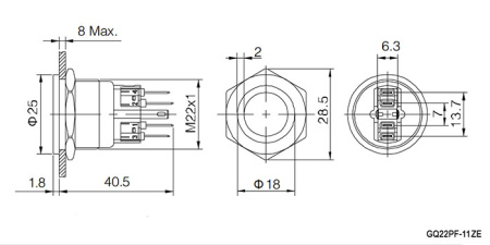Кнопка антивандальная RUICHI GQ22PF-11ZE/R/N, ON-OFF+OFF-ON, рабочая температура -25…+55 °C, никелированная латунь