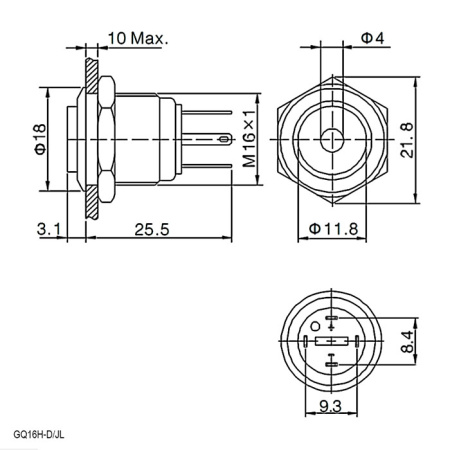 Кнопка антивандальная RUICHI GQ16H-10D/JL/B/N, OFF-(ON), рабочая температура -25…+55 °C, никелированная латунь