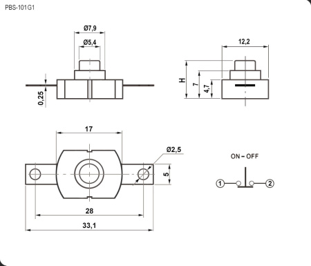 Кнопочный переключатель RUICHI PBS-101G1, ON-OFF, 1.5 А, 250 В
