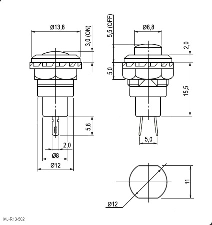 Кнопочный переключатель RUICHI MJ-R13-502, OFF-(ON), 1.5 A, 250 В