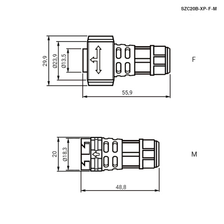 Герметичный разъем SZC, комплект, SZC20B-2P-F-M, кабель-кабель, ip68, 2 pin, байонетное соединение
