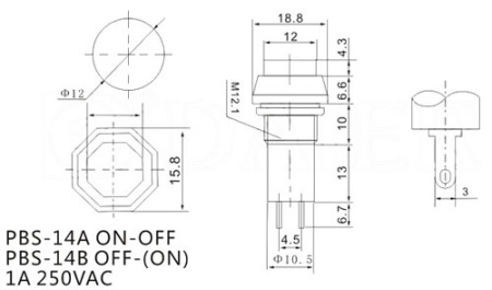 Кнопочный переключатель RUICHI PBS-14A, ON-OFF, красный