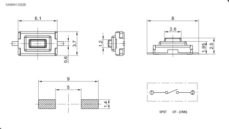 Тактовая кнопка RUICHI KAN0441-0252B, 6.1x3.7x2.5 мм, OFF-(ON), SPST, 50 мА, 12 В, 100 мОм