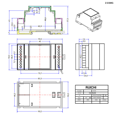 Пластиковый корпус на DIN-рейку RUICHI Z-D3MG, светло-серый, поликарбонат
