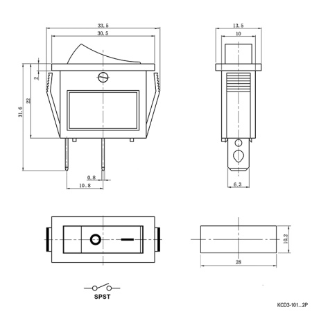 Клавишный переключатель RUICHI KCD3-101-C3-B/2P, ON-OFF
