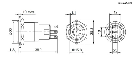 Кнопка антивандальная RUICHI LAS1-AGQ-11ET/G/N, ON-(ON), рабочая температура -25…+55 °C, никелированная латунь