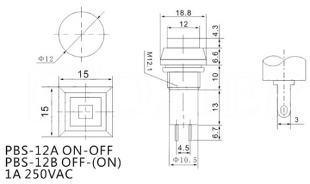 Кнопочный переключатель RUICHI PBS-12A, ON-OFF, красный