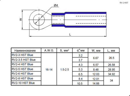 Наконечник кольцевой изолированный RUICHI RV2-3.5 HST, 19 А, 16-14 AWG, синий, латунь луженая