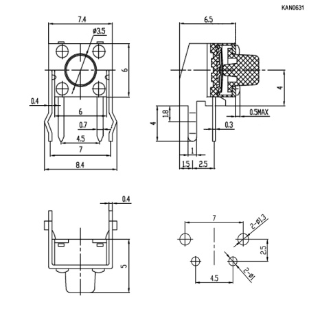 Тактовая кнопка угловая RUICHI KAN0631-0501B, 8.7х7.4х6 мм, OFF-(ON), 50 мА, 12 В, 100 мОм