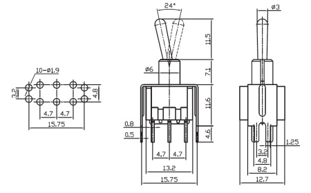 Микротумблер RUICHI MTS-202-A2T, ON-ON, DPDT, 3 А, 250 В, 20 мОм, установочное отверстие 6,4 мм, 6 контактов