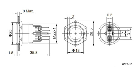 Кнопка антивандальная RUICHI GQ22-11E/Y/N, ON-(OFF)+OFF-(ON), рабочая температура -25…+55 °C, никелированная латунь