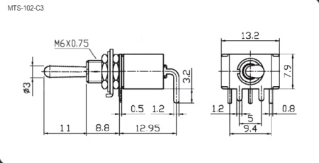 Микротумблер RUICHI MTS-102-C3, ON-ON, SPDT, 3 А, 250 В, 20 мОм, установочное отверстие 6 мм