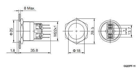 Кнопка антивандальная RUICHI GQ22PF-11/N, ON-(OFF)+OFF-(ON), рабочая температура -25…+55 °C, никелированная латунь