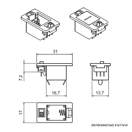 Батарейный отсек RUICHI AG10*3/AG13*2 switch 31*17*14 мм, закрытый