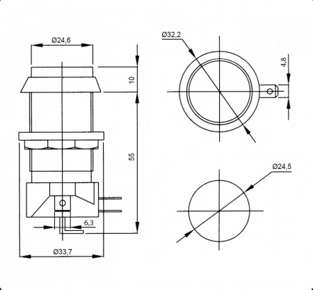 Кнопка GMSI круглая RUICHI 7B-C с LED подсветкой 12 В, 5 А, 30 мОм, 250 В, NO(NC)+NC(NO), зеленая