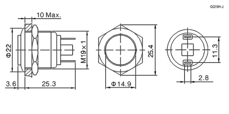 Кнопка антивандальная RUICHI GQ19H-10/J/N, OFF-(ON), рабочая температура -25…+55 °C, никелированная латунь