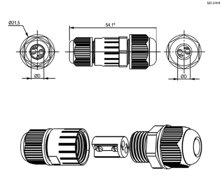 Разъём герметичный SZC-2-M16 (d=4-7 мм) IP67 250V/10A, 2-х полюсный