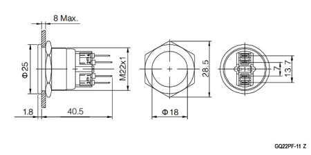 Кнопка антивандальная RUICHI GQ22PF-11Z/N, ON-OFF+OFF-ON, рабочая температура -25…+55 °C, никелированная латунь