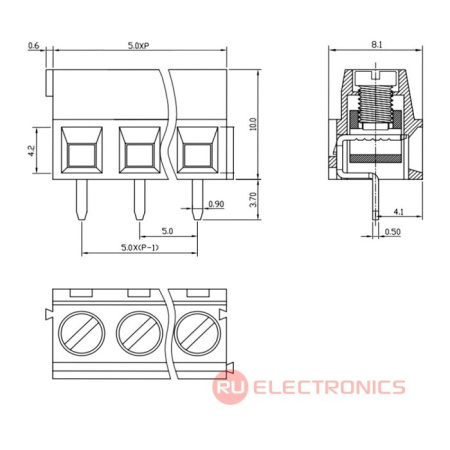 Винтовой модульный клеммный блок RUICHI RG304-5.0-02P, на плату, 2 контакта, шаг 5.00 мм