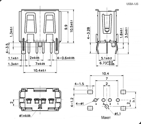 Разъём USB SZC USBA-1JS (SZC), 4 контакта