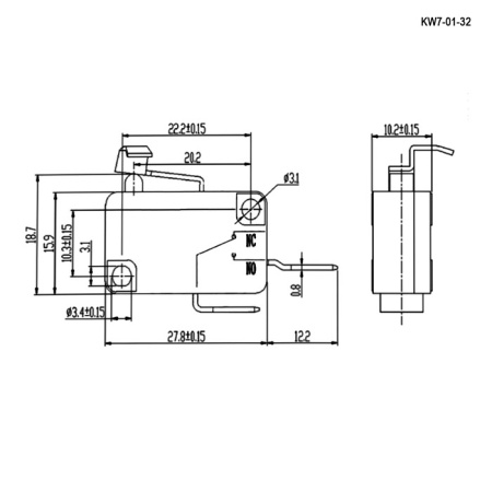 Микропереключатель с угловой планкой RUICHI KW7-01-32, 16х10.5х28 мм, OFF-(ON), SPST 2P, 250 В, 5 А, 30 мОм, -25...+85 °C
