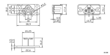 Разъем питания IEC-60320 (C6) RUICHI AC-038, с фланцами, 3 контакта, 10 А, 250 В, -25…+70 °C, черный