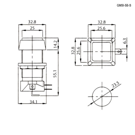 Кнопка GMSI квадратная RUICHI 5B-S с LED подсветкой 12 В, 5 А, 30 мОм, 250 В, NO(NC)+NC(NO), синяя