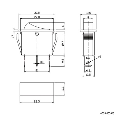 Клавишный переключатель RUICHI KCD3-103-C6-B/3P, ON-OFF-ON