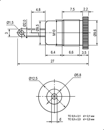 Разъём питания штырьковый RUICHI TC 5.5x2.1 мм metal, 2А