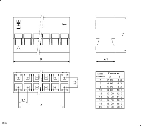 Гнездо для плат 2.00 мм RUICHI BLD2-2x5 наклон 2.00 мм, 10 контактов