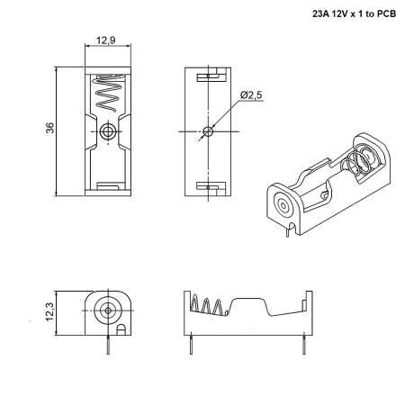 Батарейный отсек RUICHI 23A 12V x 1 to PCB, открытый