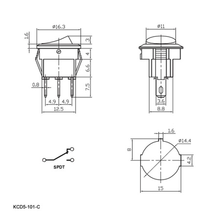 Клавишный переключатель RUICHI KCD5-101-C6-W/3P, ON-OFF, 3 контакта, белый